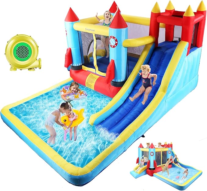 Inflatable Bounce House for Kids 146 x 132 x 82 inch, Indoor/Outdoor Bouncy House with Large Splashing Pool, Bouncing Area, 2 Water Slides,Climbing Wall, UL Certified Blower Included1