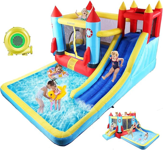 Inflatable Bounce House for Kids 146 x 132 x 82 inch, Indoor/Outdoor Bouncy House with Large Splashing Pool, Bouncing Area, 2 Water Slides,Climbing Wall, UL Certified Blower Included1