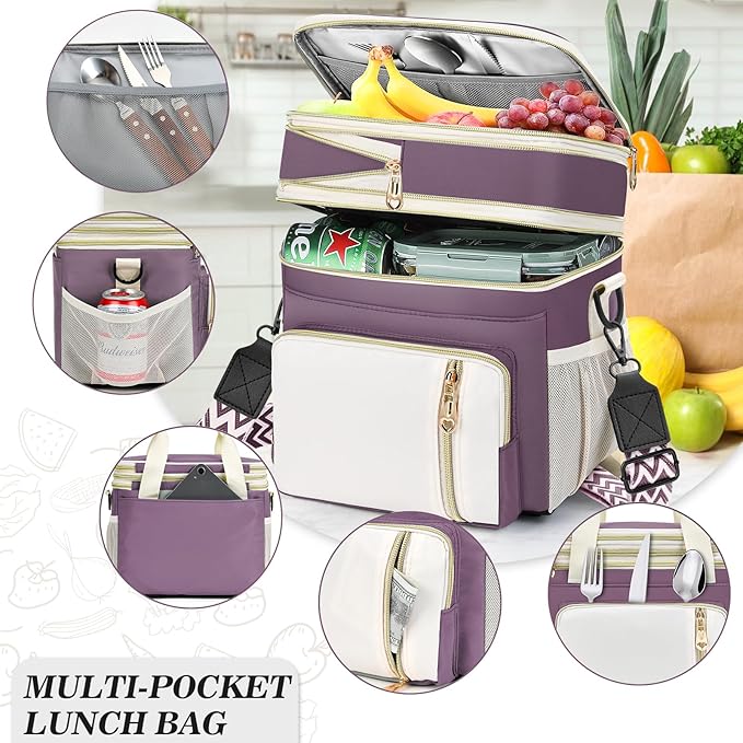 LOKASS Lunch Box & Lunch Bag for Women Men Double Deck, Large Insulated Adult Lunch Box Leakproof Lunchbox Cooler Bag for Work Picnic Beach,（Dark Pink 16L）