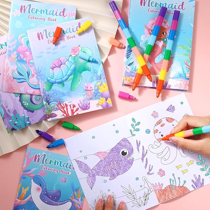 BenLouis 12 Mermaid Mini Coloring Books Kids with 12 Stacking Crayons Little Mermaid Theme Party Favors Small Activity Books Bulk for Kids Ocean Birthday Party Gift Goodie Bag Stuffers