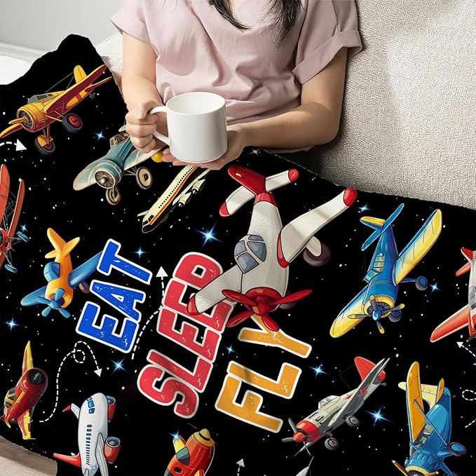 Airplane Throw Blanket for Kids, Cute Aircraft Plane Fleece Blanket Gifts for Boys Girls, Warm Cozy Soft Flannel Stuff for Bed Sofa Couch 60" x 50"