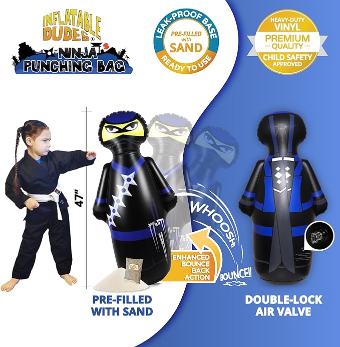 INFLATABLE DUDES Ninja Toy 47 Inches -Kids Punching Bag | Already Filled with Sand| Bop Bag | Inflatable Bopper | Boxing | Ninja Birthday Party | Party Decorations | Punching Bag for Kids- (Nobi)