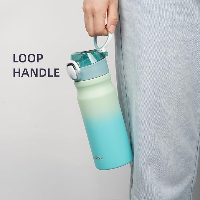 Insulated Water Bottle with Straw and Carry Loop,18 oz Stainless Steel Double Wall Vaccum Metal Water Flask with Leak-proof Lid,Mint