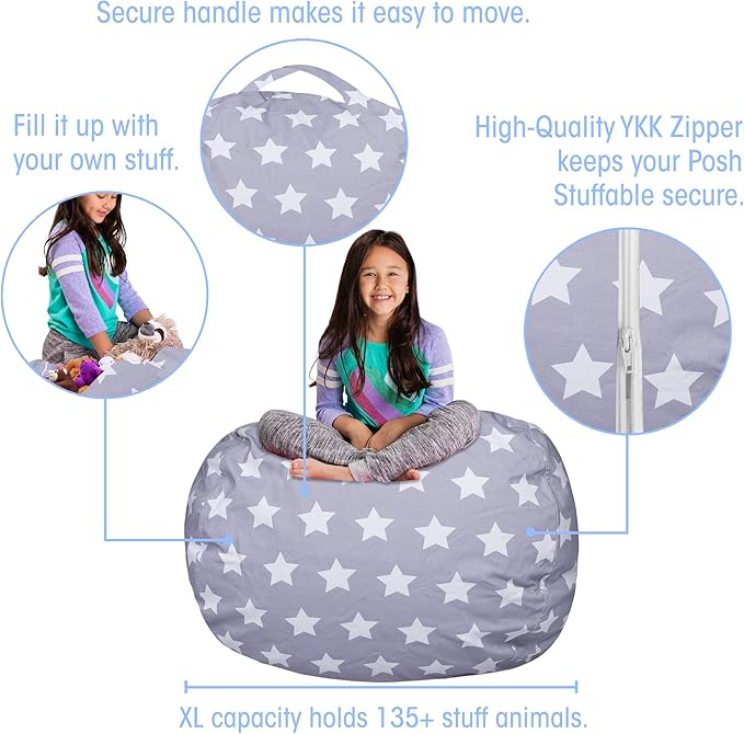 Posh Creations Kids Stuffed Animal Storage Bean Bag Chair Cover - Childrens Toy Organizer, X-Large-48in, Canvas White Stars on Gray