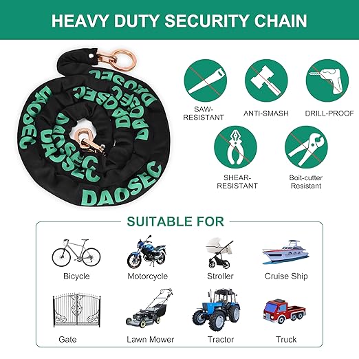 10ft Maximum Security Chain - 3/8" (9mm) Hardened Boron Steel - Anti-Theft Motorcycle & Bike Lock for Fence, Shed, ATV, RV (Weatherproof Galvanized)