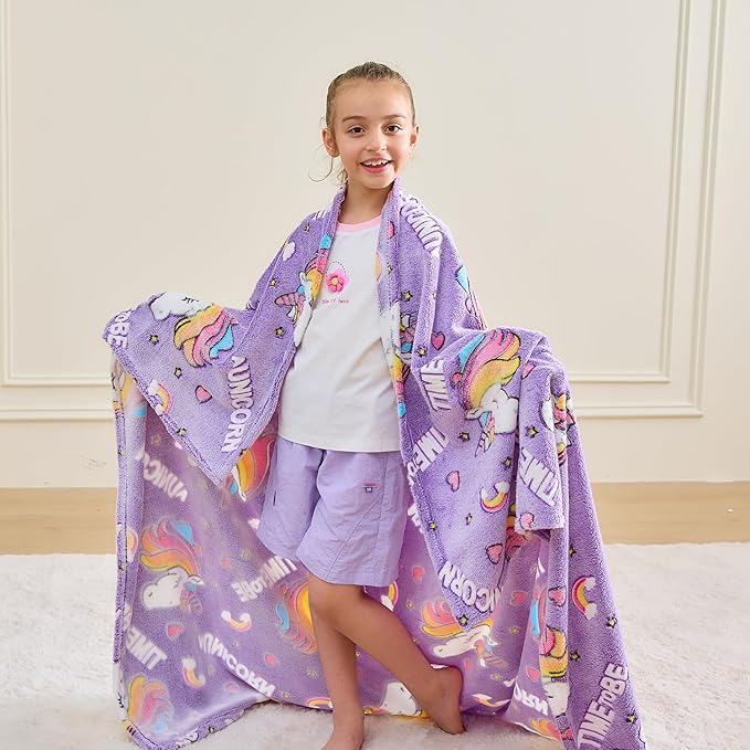 Wajade Unicorn Gifts for Girls - Glow in The Dark Unicorn Blanket Birthday Christmas Decor for Kids Age 3 4 5 6 7 8 9 10 11 12 Years Old Teens Child Toddler Throw Violet 50"x60"
