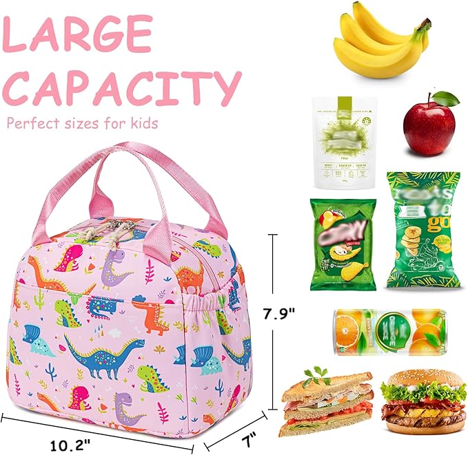 CAMTOP Lunch Box Kids Insulated Lunch Bag Large Reusable Leakproof Cooler Lunch Bags for Boys Girls School Travel Picnic (Pink Dinosaur)