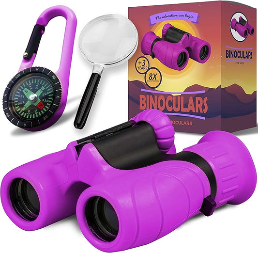 Promora Binoculars for Kids, Set with Magnifying Glass & Compass Purple - Perfect Toy for Little Boys and Girls, Kids Binoculars for 3-12 Years Boys and Girls Present for Toddler