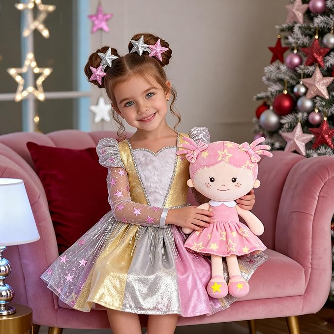 Onetoo First Baby Doll Plush Baby Girls Dolls Rag Doll Soft Baby Doll for Girls Sleeping Cuddle Buddy Doll Wear Star Pink Sleeveless Dress 14"