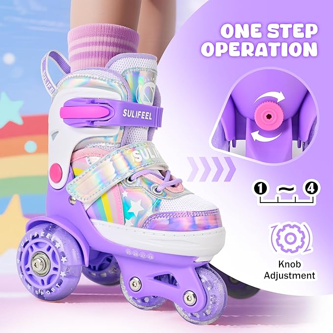 SULIFEEL Rainbow Unicorn 4 Size Adjustable Light up Roller Skates for Girls Boys for Kids