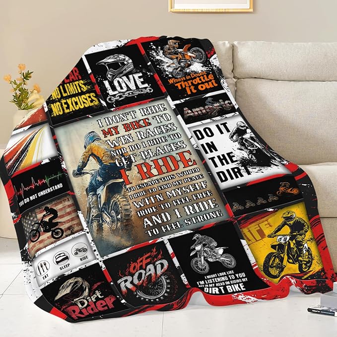 Motorcycle Blanket for Mens, Dirt Bike Flannel Throw Blanket, Fleece Soft Cozy Stuff Blankets Gift for Women Men Couch Sofa Bed 60" x 50"
