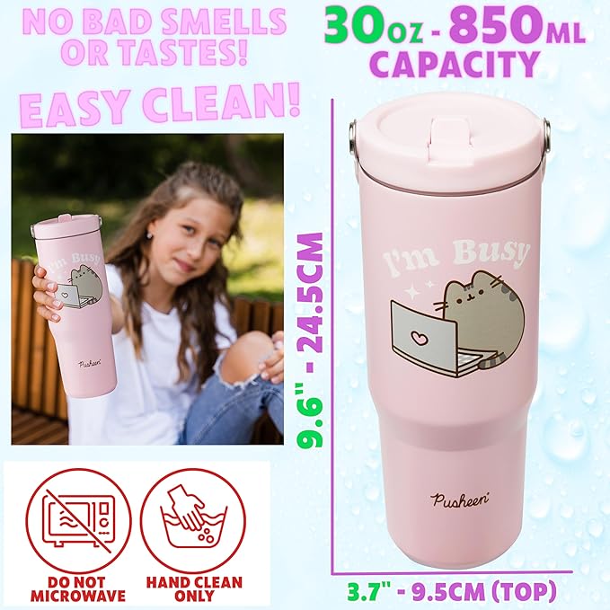 Get Trend Pusheen Tumbler Stainless Steel with Straw 30oz Girls Teens Women Insulated Cup with Lid Travel Mug for School Sports Cute Gifts for Girls (Pink Pusheen)