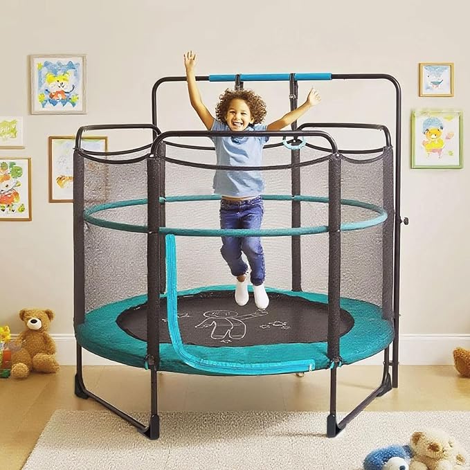 Skywalker Trampolines for Kids with Enclosure Net – 60" Indoor Outdoor Toddler Trampoline with Safety Padding, Foam-Covered Poles, Anti-Pinch Design, Sturdy Frame, for Ages 3-6