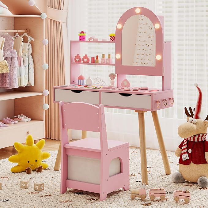 Costzon Kids Vanity with Lights, Girls Vanity Set with Mirror Cabinet, Storage Drawers, Hooks & Shelves, Toddler Makeup Vanity Desk Dressing Table, Wooden Kids Vanity Table and Chair Set (Pink)