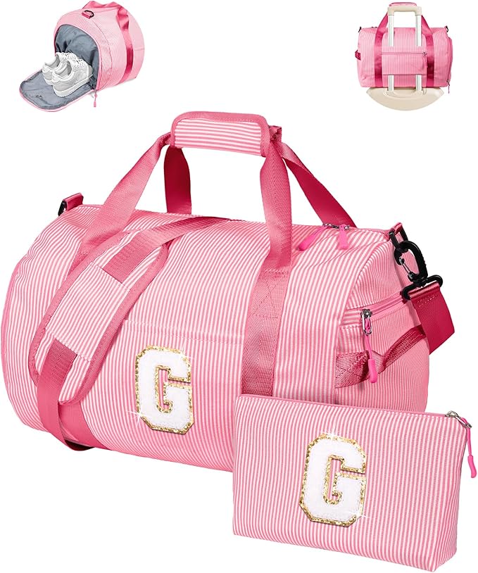 Dance Recital Gifts, Girls Travel Duffle Bag, Kids Initial Overnight Bags with Shoe Compartment, Personalized Weekend Bag with Makeup Pouch, 9 Year Old Girl Birthday Gift (Letter G)