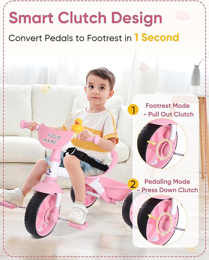KRIDDO 2 in 1 Kids Tricycles Age 18 Month to 3 Years, EVA Wheels, Gift Toddler Tricycle, Trikes for Toddlers 2 to 3 Year Old with Push Handle, Duck Bell, Pink