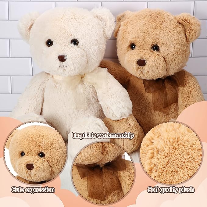 HyDren 2 Pack Plush Bear Stuffed Animals 18 Inch Cuddly Stuffed Bear Plushies with Bow for Birthday Gifts Baby Shower Party Favor Decors Operation Christmas Bulk(Beige, Light Brown)
