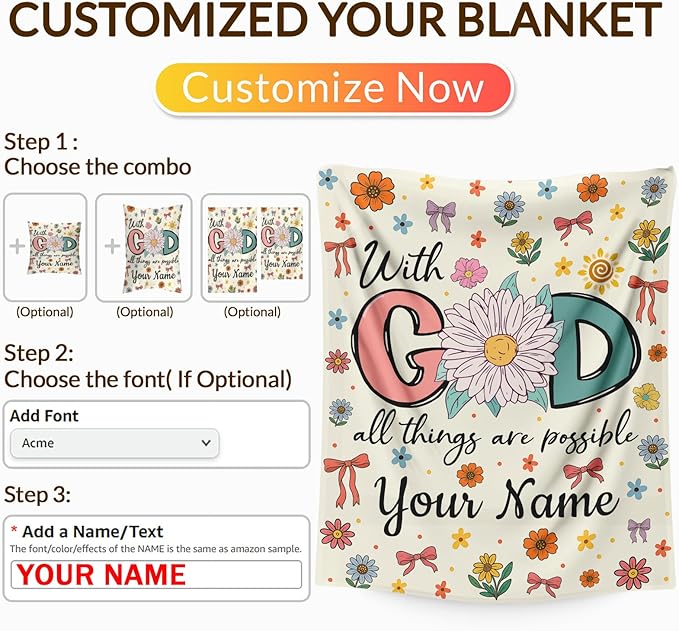 Personalized Blanket for Women Girls, Christian Throw Blanket Gifts for Kids Teens Adults, 50"x60" Cute Custom Flannel Blankets Gift Flannel Lightweight Warm Throws for Couch Sofa Bed Decor