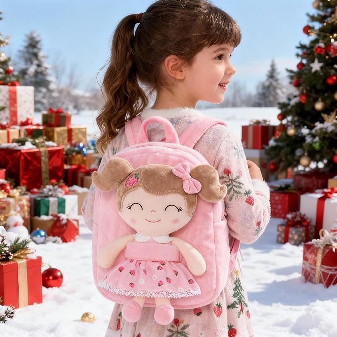 Gloveleya Kids Backpack for Girls backpacks Plush bag with Soft doll for Toddler baby Strawberry 9 Inches