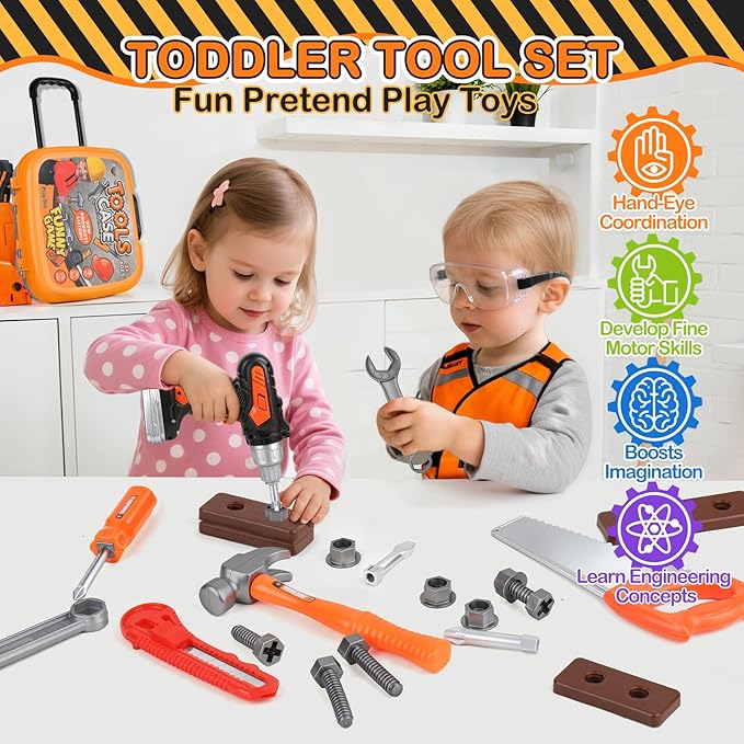 Toddler Tool Set for Age 3-5 Kids Tool Set with Tool Box and Toy Drill, Pretend Play Toy Tools Kids Construction Tools Bench for Toddlers Boys Toys 3 Year Old Gifts