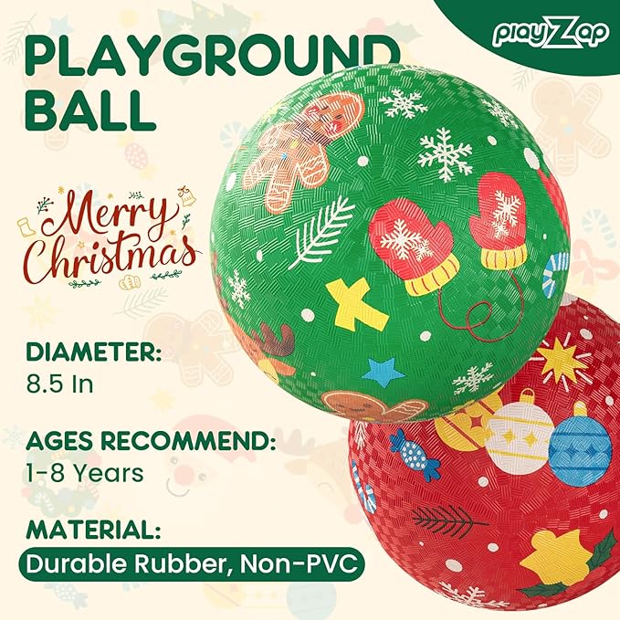 PlayZap 2 Pack Playground Balls for Kids, Christmas Kickballs for Toddlers, 8.5 in Rubber Balls with Pump, Indoor & Outdoor Dodgeball Toys for Boys & Girls Gifts