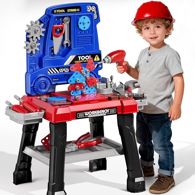 Kids Tool Bench Set, 142Pcs Toddler Tool Toy Playset with Electric Drill & Realistic Tools, STEM Building Pretend Play Construction Toys for Boys, Toddlers Toys Gifts for Ages 3 4 5 6 7 Year Olds