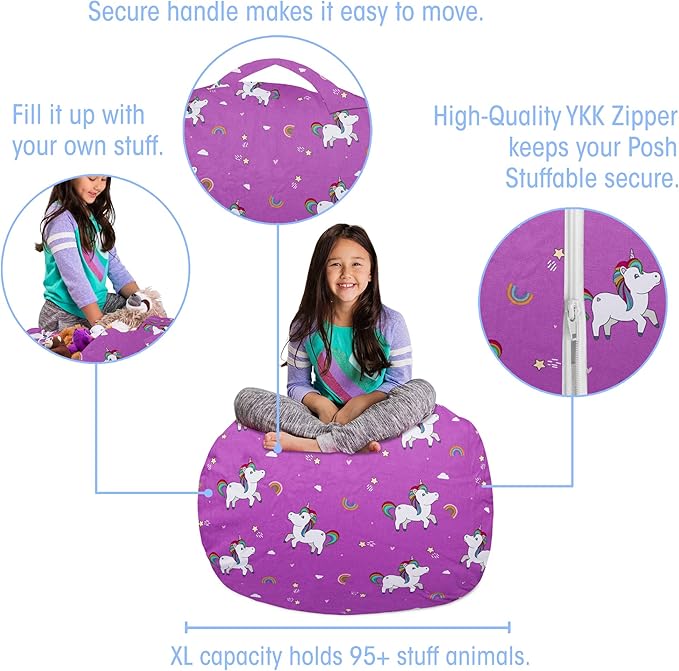 Posh Creations Kids Stuffed Animal Storage Bean Bag Chair Cover - Childrens Toy Organizer, Large-38in, Canvas Unicorn and Rainbows on Purple