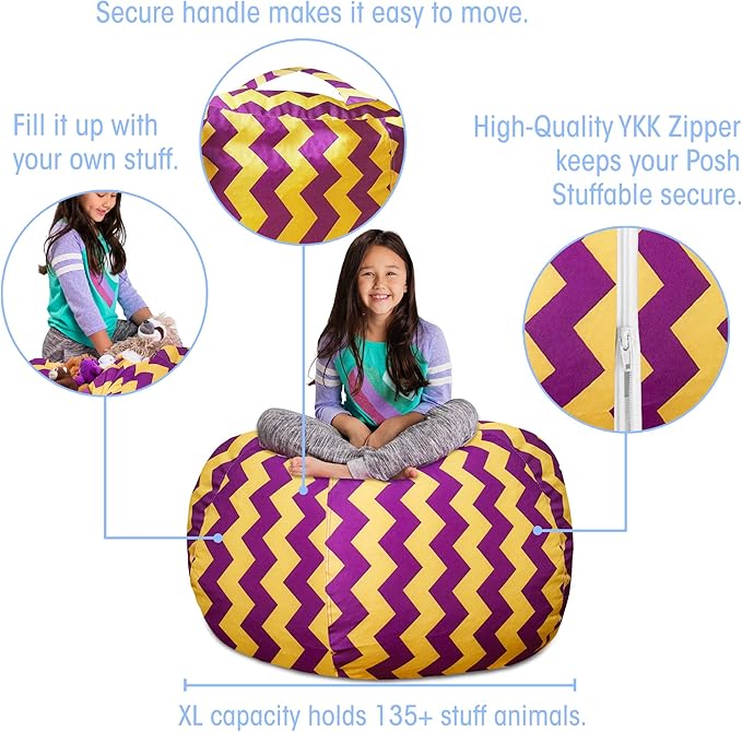 Posh Creations Stuffable Kids Stuffed Animal Storage Bean Bag Chair Cover - Childrens Toy Organizer, X-Large 48" - Pattern Chevron Purple and Yellow