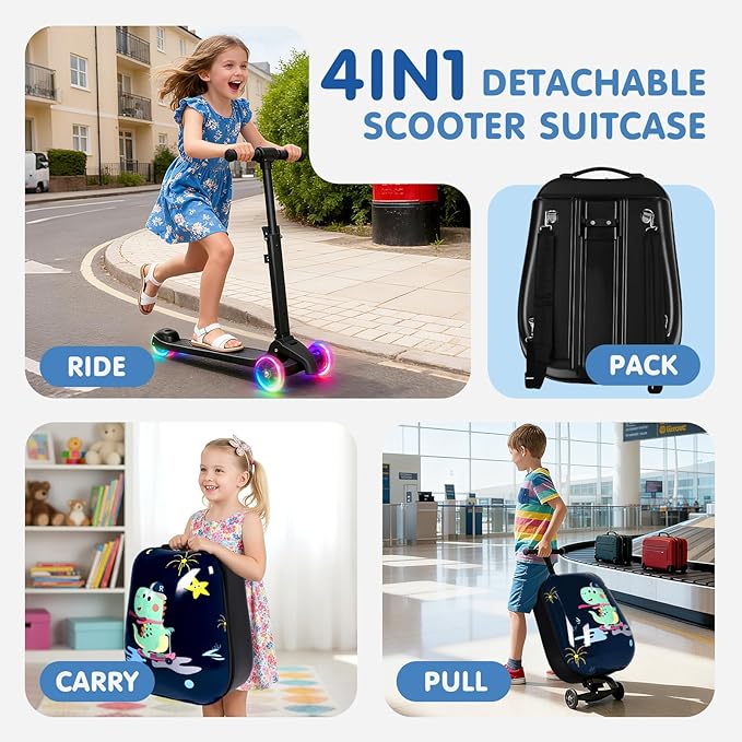 smilesun 4-in-1 Detachable Scooter Luggage for Kids & Teens, Hardside Ride-On Suitcase with Dinosaur Design, Lightweight Foldable, Perfect Travel Gift for Boys(Navy Blue 22-inch)