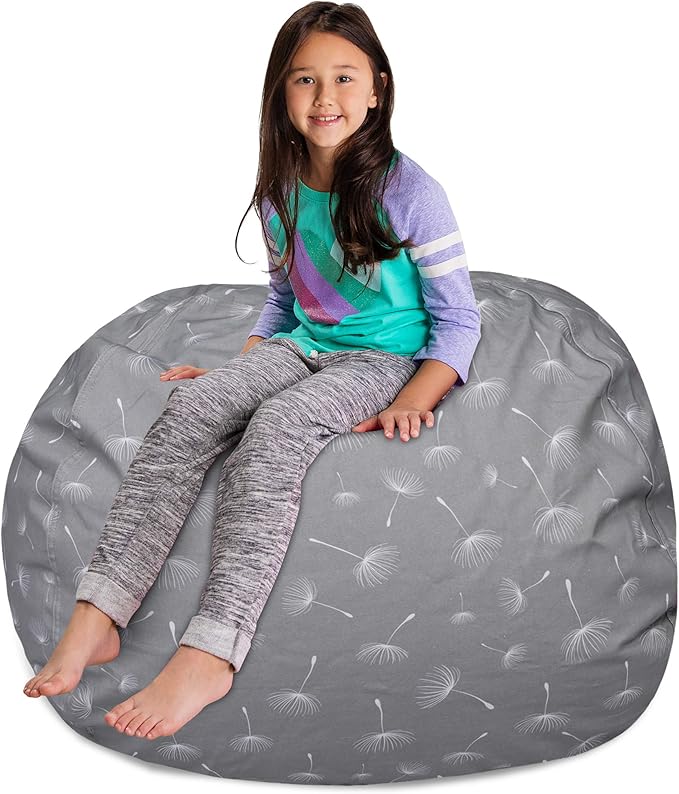 Posh Creations Kids Stuffed Animal Storage Bean Bag Chair Cover - Childrens Toy Organizer, X-Large-48in, Canvas White Dandelions on Gray