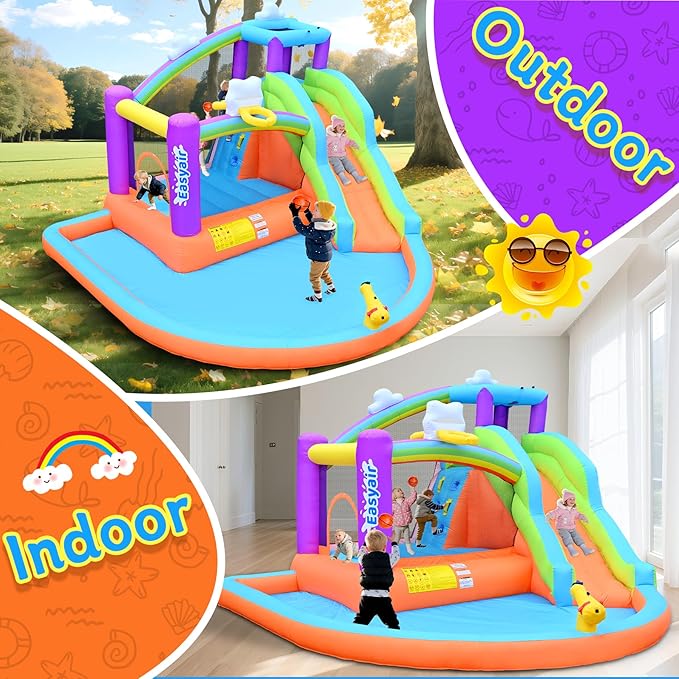 Inflatable Bounce House Water Slide for Kids, Rainbow Cloud Splash Pool, Indoor Or Outdoor Bouncy Castle, Climbing Wall, 2 Basketball Hoops, Included Blower (Orange, 154" L x 144" W x 94" H)
