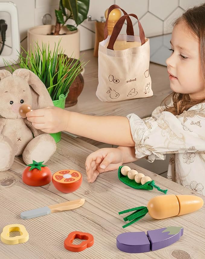 ROBUD Wooden Toy Food Set, Cutting Play Food for Kids Kitchen Accessories Pretend Toy Food Playset with Storage Bag, Toys Gifts for Girls Boys Age 3+, Vegetable Set