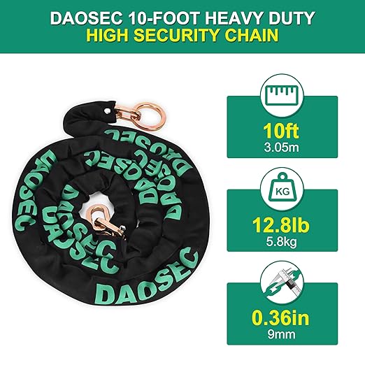 10ft Maximum Security Chain - 3/8" (9mm) Hardened Boron Steel - Anti-Theft Motorcycle & Bike Lock for Fence, Shed, ATV, RV (Weatherproof Galvanized)