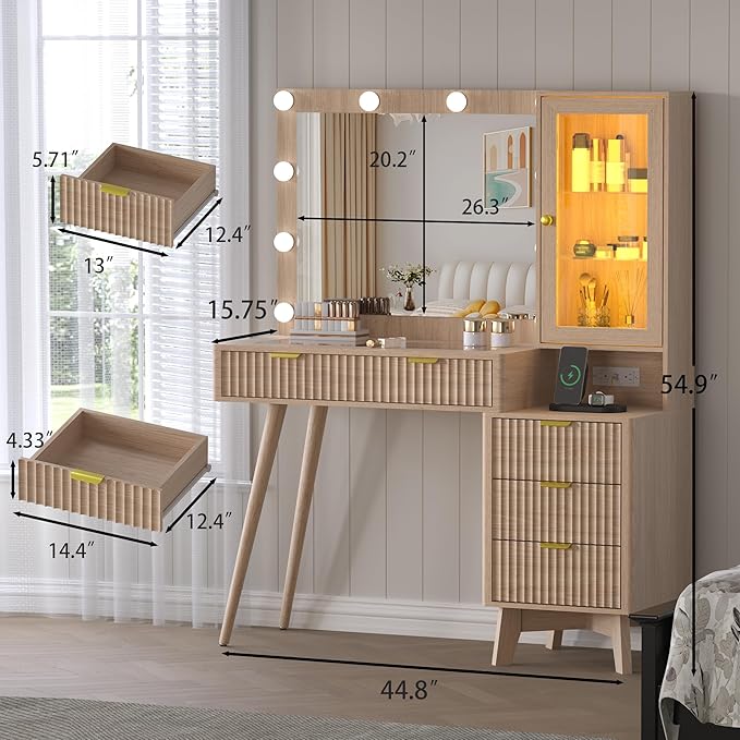 45” Fluted Makeup Vanity Desk with Mirror and Lights, Glass Top Dressing Table with 5 Drawers, LED Lighted Adjustable Cabinet, Trays & Charging Station for Bedroom Dressing Room