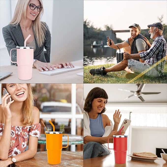 Sursip 24 oz Insulated Cup with Handle, Double Wall Vacuum Stainless Steel Tumbler with Straw and 2 Lids, For Cold/Hot Drinks, Coffee Travel Mug for Car/Home/Office/Party/Camping (Pink-1 Pack)