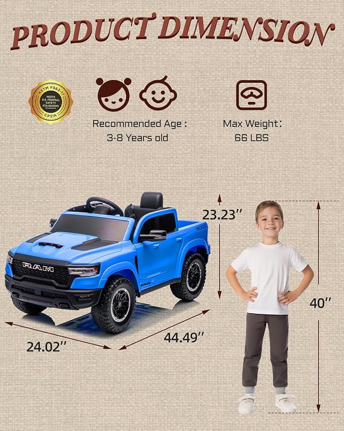 First Ride On 12V Kids Electric Vehicles, Licensed Ram 1500 RHO Kids Ride on Truck with Remote Control, Ride on Car for Children with Smooth Start, Truck Bed Storage, Bluetooth, Aux Port (Blue)