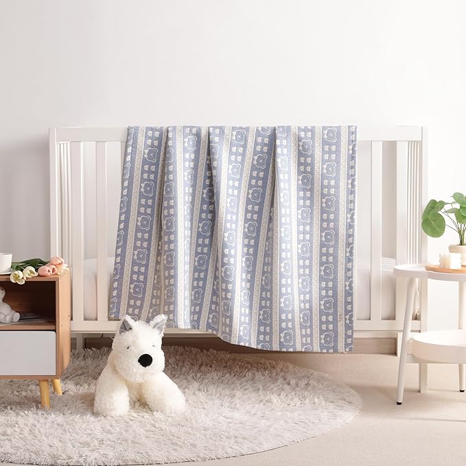 NTBAY 3 Layer Muslin Cotton Toddler Blanket, Jacquard Reversible Nursery Bed Blanket, Super Soft and Thermal for All Seasons, Decoration Gift, 30"x40", Blue Bear