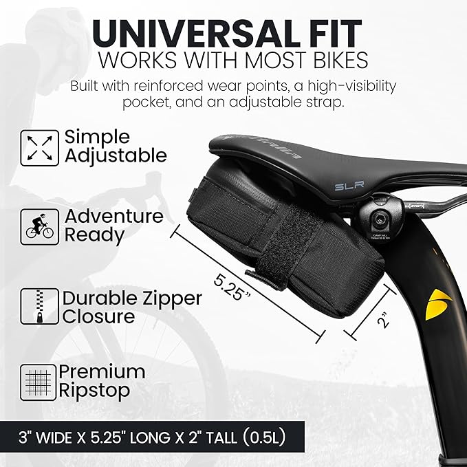 Signature Bike Saddle Bag – Midnight Black | 0.5L Bike Seat Bag (3" x 5.25" x 2") | Water-Resistant Ripstop, Waterproof Zipper, Internal Pocket | Durable Under Seat Storage
