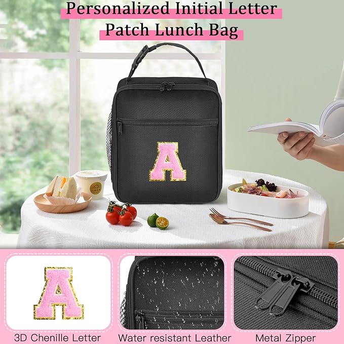 Initial Insulated Lunch Bag, Lunch Box with Initial Letter Patch for Teen Adult, Reusable Lunch Bag for Men Women, Ideal Back to School Gift Back to School Gift Birthday Gift, Pink A