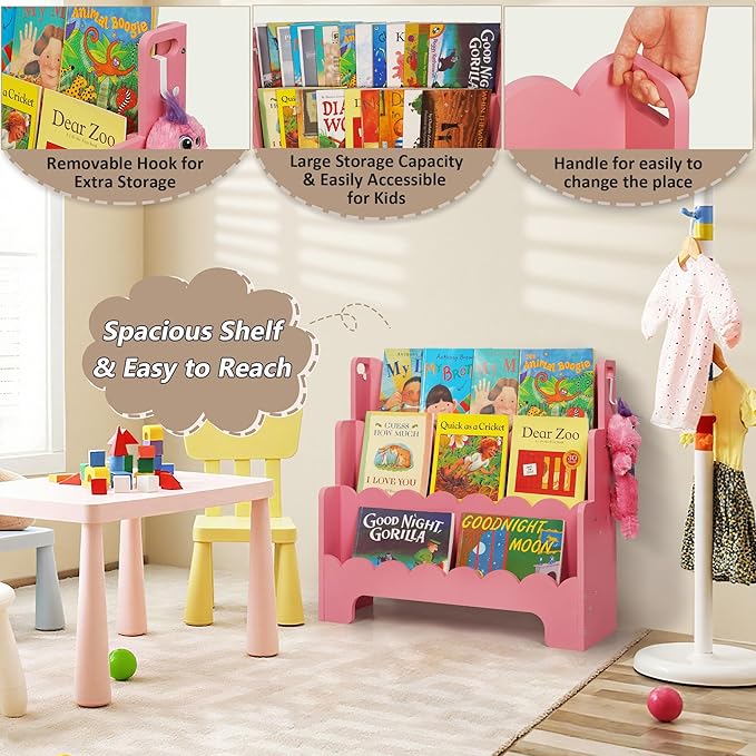 Kids Bookshelf Wooden 3-Tier, Scalloped Book Shelf for Kids Rooms, Front Facing Toddler Montessori Bookshelf, Baby Nursery Book Shelves Kid Classroom Book Shelf Bookcase