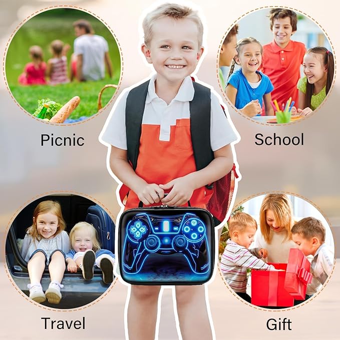 Gamer Lunch Box for Boys,Leather Boys Lunch Bag for Kids,Gamer Gifts for Kids,Insulated Video Game Lunchbox,Reusable Portable Lunchbox for School Travel Picnic Hiking Beach