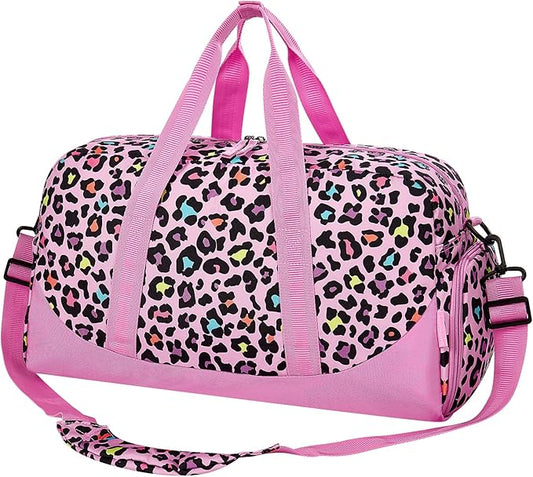 Choco Mocha Duffle Bag Kids Girls - Cheetah Leopard Overnight Bags for Kid with Shoes Compartment, Cute Weekender Bag for Sleepover Travel, Pink