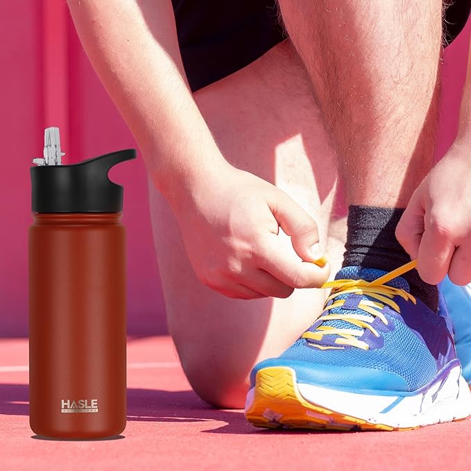 HASLE OUTFITTERS Insulated Water Bottle 16 oz Double Wall Vacuum Stainless Steel Water Bottle Leak Proof for School Wide Mouth with Straw Lid & Spout Lid Keeps Cold and Hot(Red,4pack)
