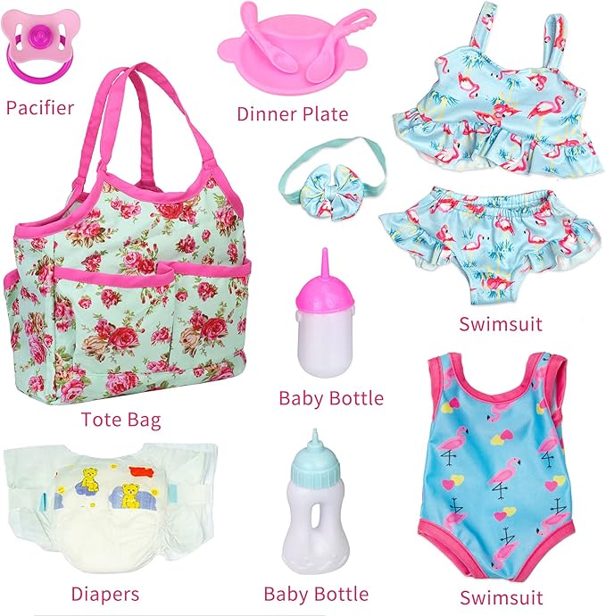 UNICORN ELEMENT 8 Pcs Baby Doll Clothes and Accessories, Baby Feeding and Caring Set with Doll Diaper Bag, Clothes, Diapers, Bottles, Pacifier, Swimsuits,Best Gift for Kids