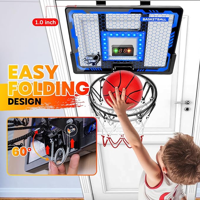 Indoor Basketball Hoop Toy for Kids - Mini Basketball Hoops with Scoreboard&4 Balls, Anti-Impact Backboard&Music Lights, Indoor Outdoor Basketball Sports Toys for Kids 4-8 8-12