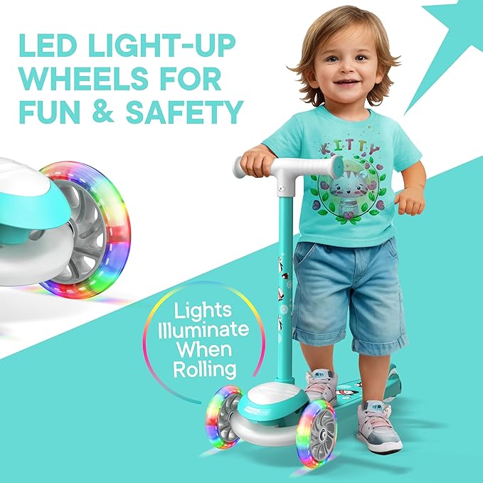 3 Wheel Scooter for Kids, Smooth Light Up LED Front Wheels, Wide Anti Slip Deck, Rear Foot Brake, Easy Lean to Steer Maneuvering, Indoor & Outdoor Ride On Toys for Ages 2 Up