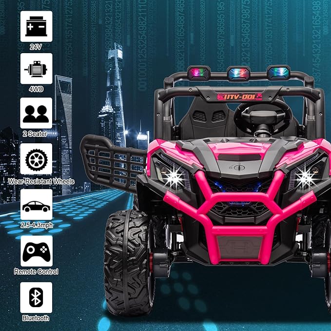 24V Ride On Car for Kids, 2 Seater Ride On UTV, Battery Powered Kids Electric Car with Remote Control, 4WD Side by Side Ride On Truck w/Bluetooth, Rose Pink