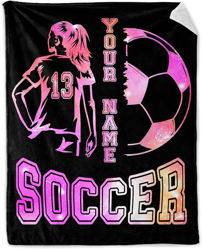 Personalized Soccer Throw Blanket with Name - Soft, Fuzzy & Warm - 60x80 Inches Twin Size Blanket for Couch, Office - Black Cute Throw Gift for Girls, Women