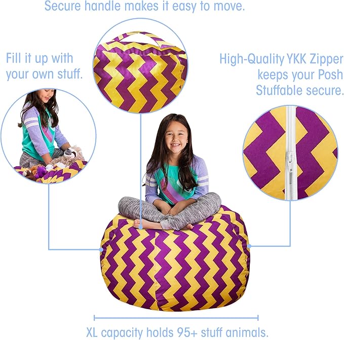 Posh Creations Stuffable Kids Stuffed Animal Storage Bean Bag Chair Cover - Childrens Toy Organizer, Large 38" - Pattern Chevron Purple and Yellow