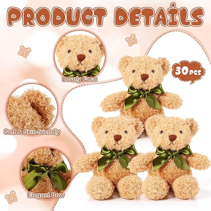 HyDren 30 Pcs Stuffed Animals Plush Bears Gifts Bulk Sleeping Playing Bear Toys with Bow Tie for Birthday Baby Shower Graduation Christmas Wedding Party Favor(10 Inch,Brown)